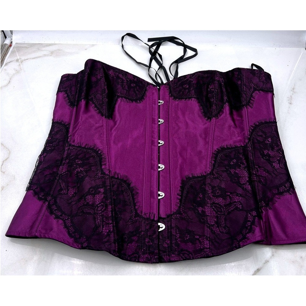 Adore Me Corset Top Womens 6XL Purple Satin Black Lace Lace Up Back